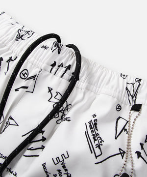 CUSTOM_ALT_TEXT: Drawcord waistband on Paper Planes Sketch Print Swim Trunks color White.