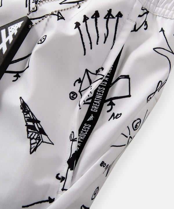 CUSTOM_ALT_TEXT: GREATNESS IS A PROCESS taping under pocket opening on Paper Planes Sketch Print Swim Trunks color White.