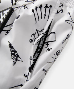  GREATNESS IS A PROCESS taping under pocket opening on Paper Planes Sketch Print Swim Trunks color White.