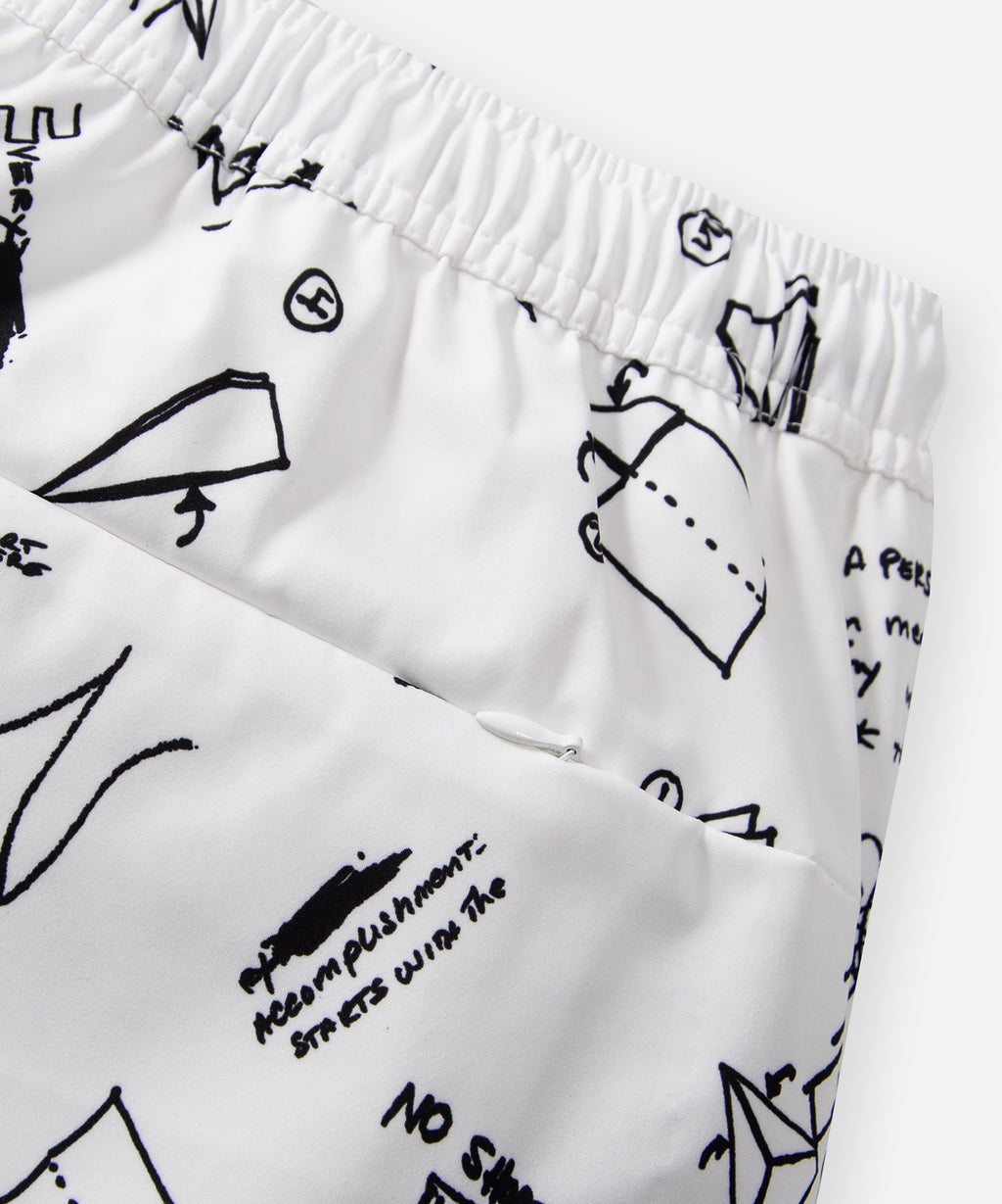  Hidden back pocket with invisible zipper on Paper Planes Sketch Print Swim Trunks color White.