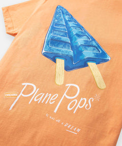  Closeup of Plane Pops print on Paper Planes Blue Raspberry Plane Pops Tee color Tangerine.