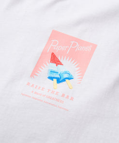CUSTOM_ALT_TEXT: Front print detail on Paper Planes Americana Plane Pops Tee color White.