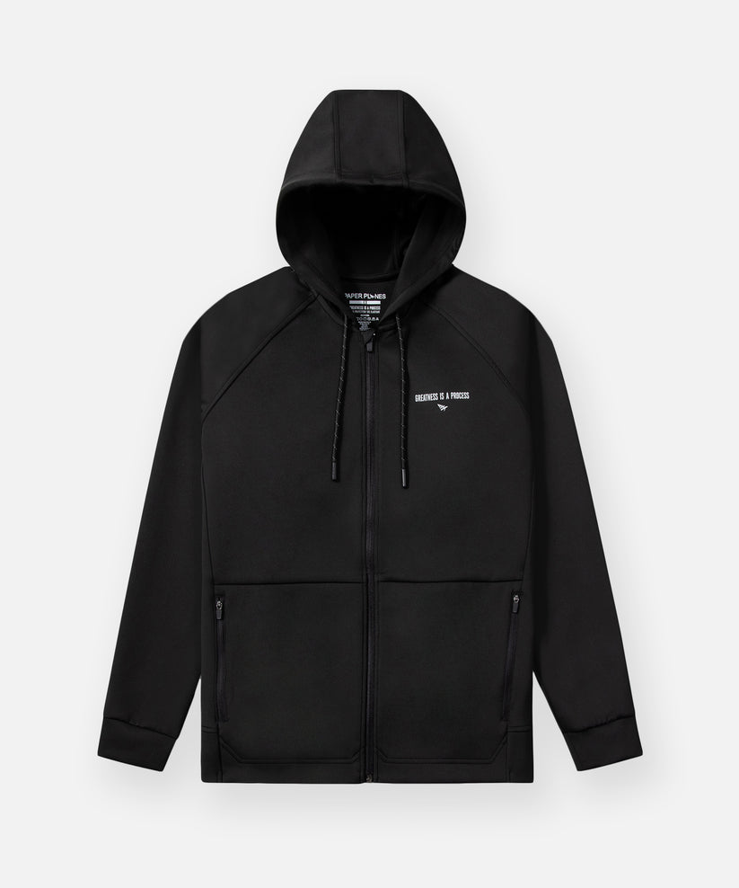 CUSTOM_ALT_TEXT: Paper Planes Greatness Is a Process Zip-Up Hoodie, color Black.