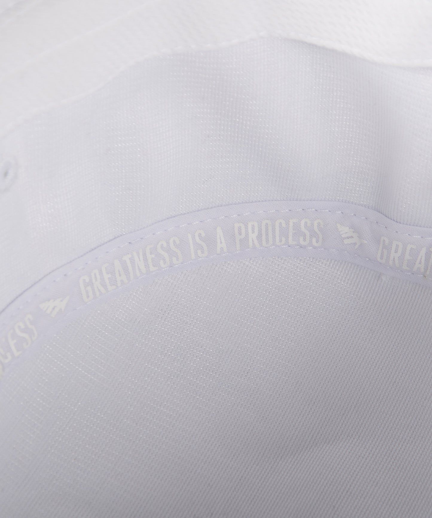 CUSTOM_ALT_TEXT: GREATNESS IS A PROCESS interior taping on Paper Planes Jacquard Terry Cloth Bucket Hat color White.