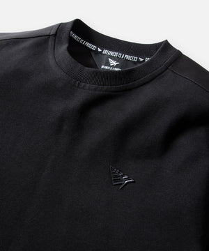 CUSTOM_ALT_TEXT: Glossy silicone Plane chest icon on Paper Planes Chromatic Crewneck Sweatshirt color Black.