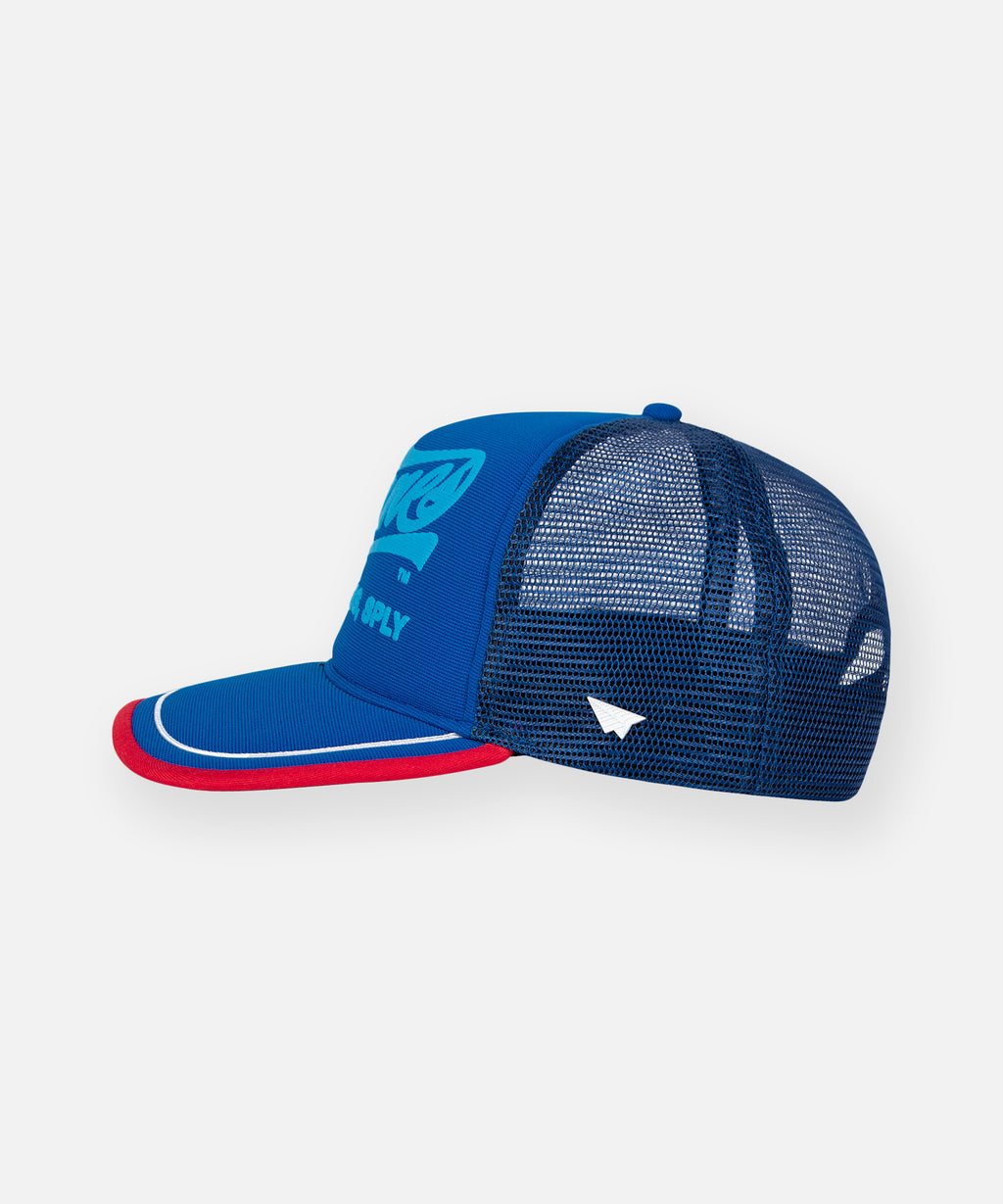  Plane icon metal rivet on left mesh panel of Planes Greatness Trucker Hat color Nautical Blue.