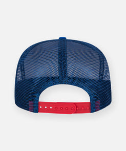 CUSTOM_ALT_TEXT: Red snapback on Planes Greatness Trucker Hat color Nautical Blue.