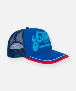 CUSTOM_ALT_TEXT: Right view of Planes Greatness Trucker Hat color Nautical Blue.