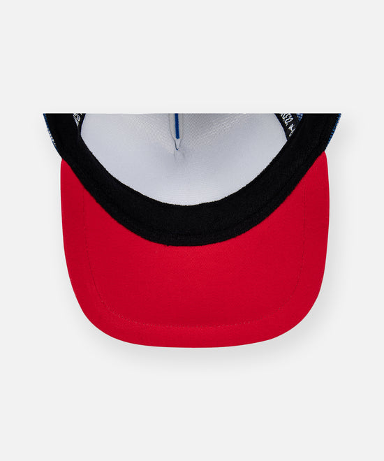 CUSTOM_ALT_TEXT: Red undervisor on Planes Greatness Trucker Hat color Nautical Blue.