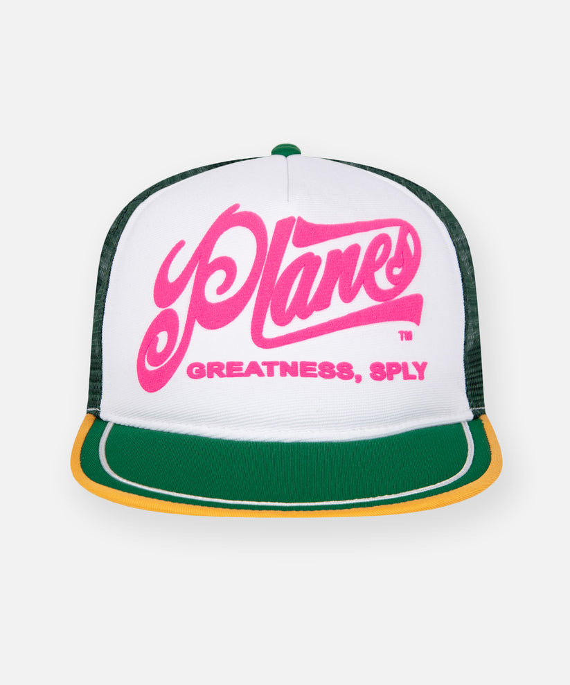 CUSTOM_ALT_TEXT: Planes Greatness Trucker Hat color White.