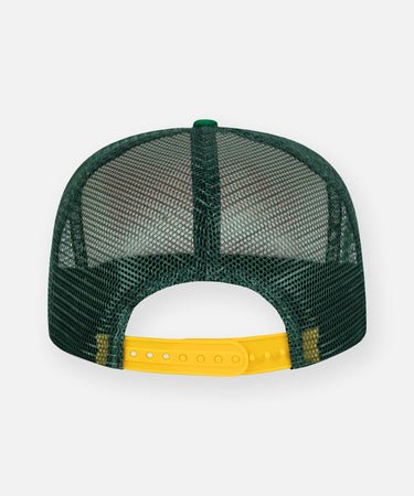 CUSTOM_ALT_TEXT: Yellow snapback on Planes Greatness Trucker Hat color White.