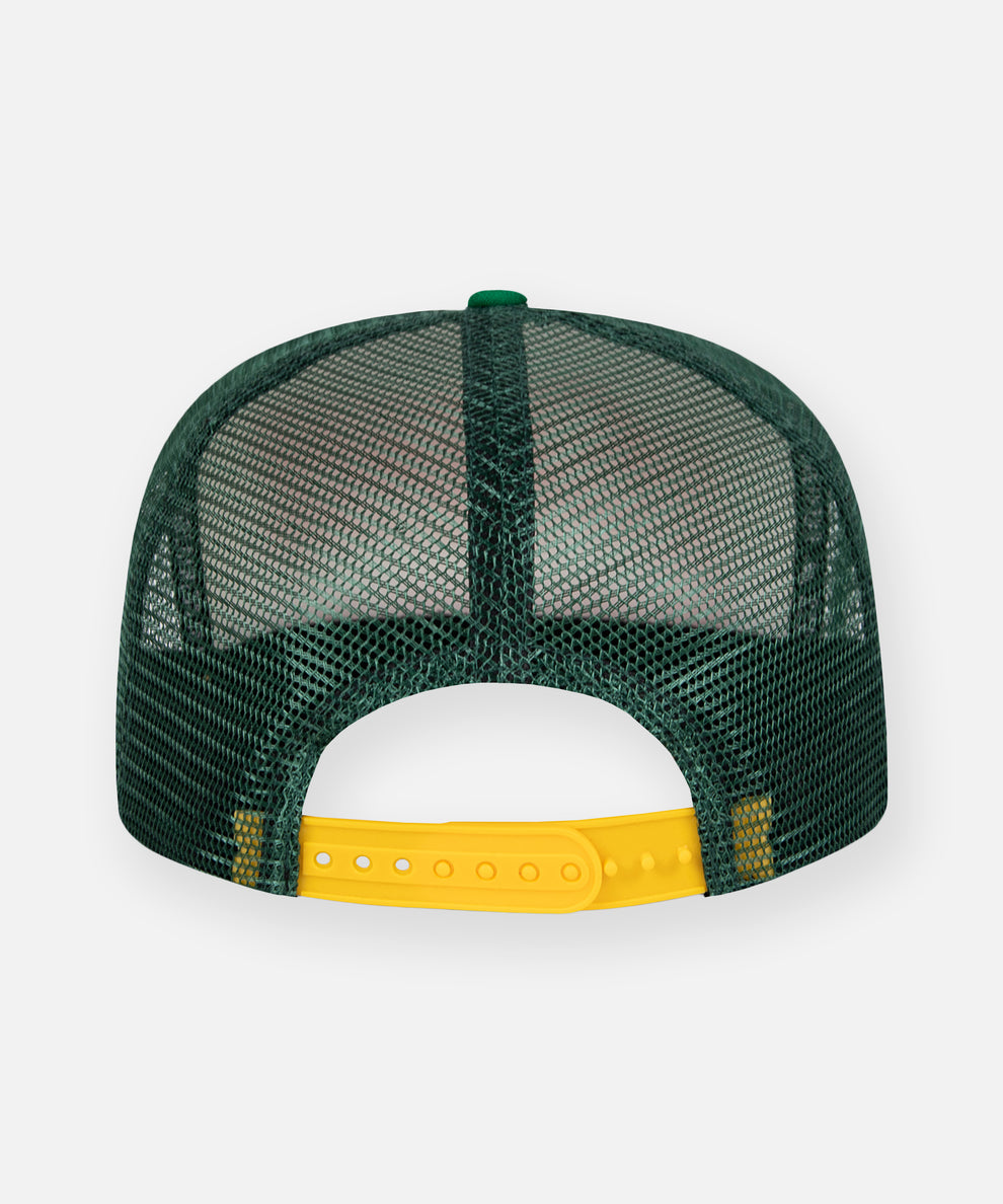 CUSTOM_ALT_TEXT: Yellow snapback on Planes Greatness Trucker Hat color White.