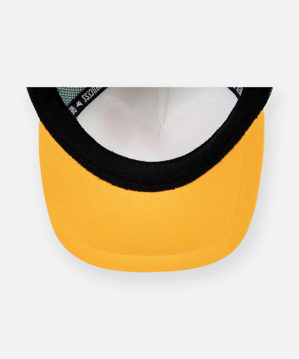 CUSTOM_ALT_TEXT: Yellow undervisor on Planes Greatness Trucker Hat color White.