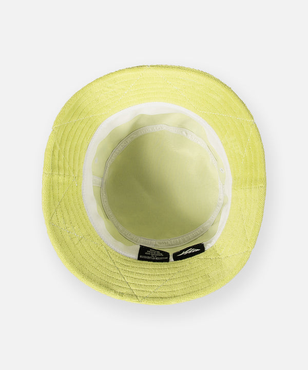 CUSTOM_ALT_TEXT: Interior of Paper Planes Jacquard Terry Cloth Bucket Hat color Lime Sherbet.