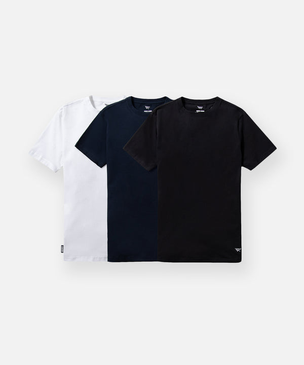 CUSTOM_ALT_TEXT: Paper Planes Essential 3-Pack Tee, Mixed - Black, Midnight, White.