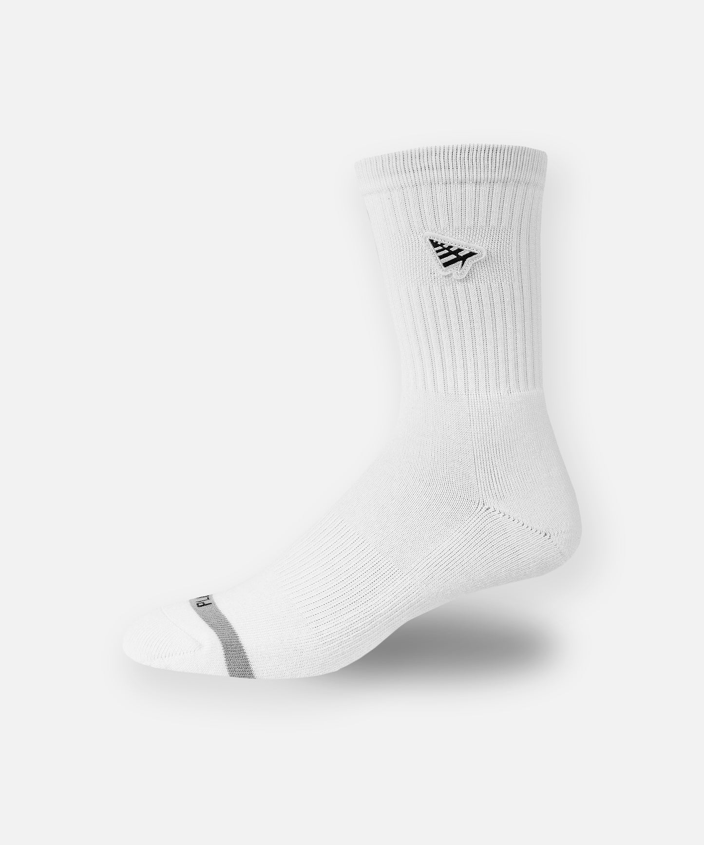 CUSTOM_ALT_TEXT: Side view of Paper Planes Icon II Crew Sock with Plane embroidered patch, color White.