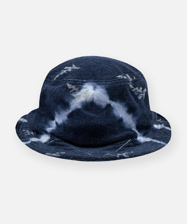 CUSTOM_ALT_TEXT: Paper Planes Tie Dye Jacquard Terry Cloth Bucket Hat color Navy.