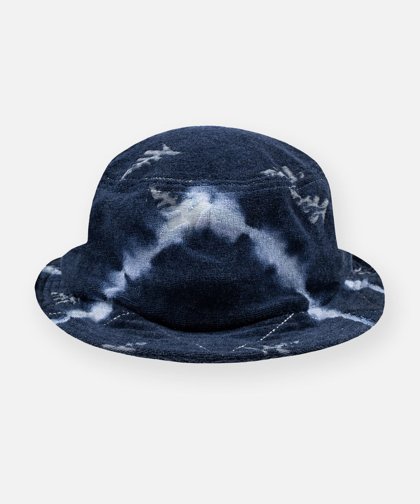 CUSTOM_ALT_TEXT: Paper Planes Tie Dye Jacquard Terry Cloth Bucket Hat color Navy.